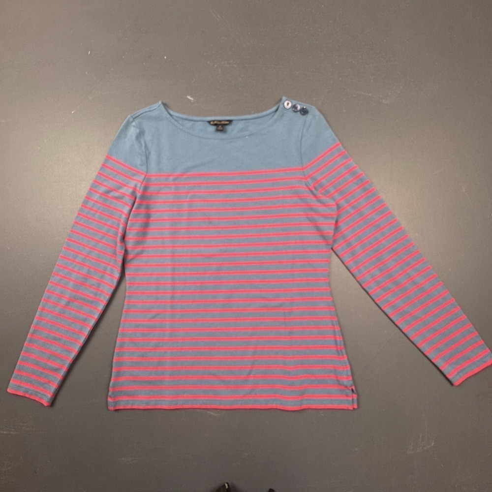 Brooks Brothers Women's Medium Blue Pink Striped Long Sleeve Nautical Tee Casual